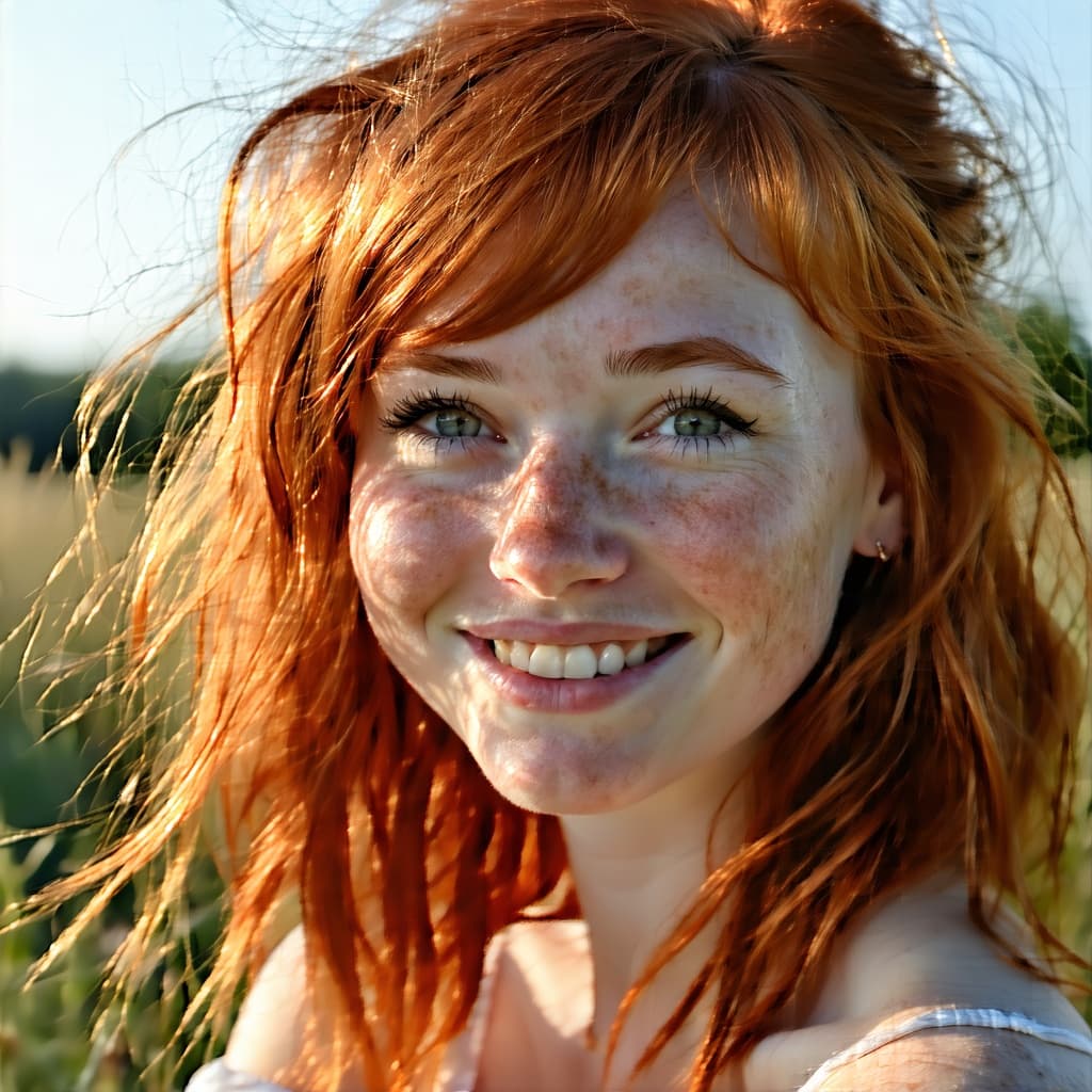 AI generated: A vibrant redheaded t girl,  The young lady's fair, freckled skin is kissed by the sun, giving her a...