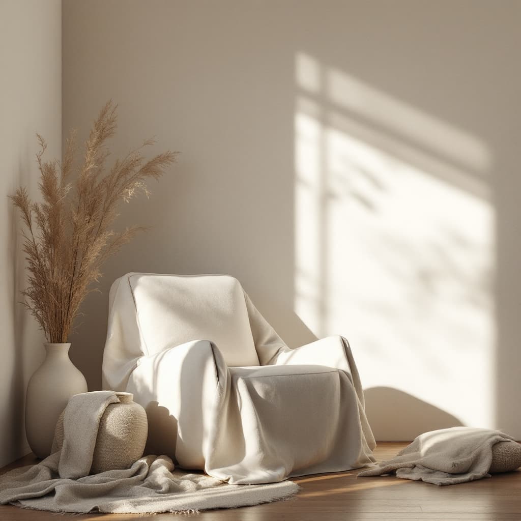 AI generated: A soft and natural interior scene with a minimalistic armchair made of raw linen or cotton, placed i...