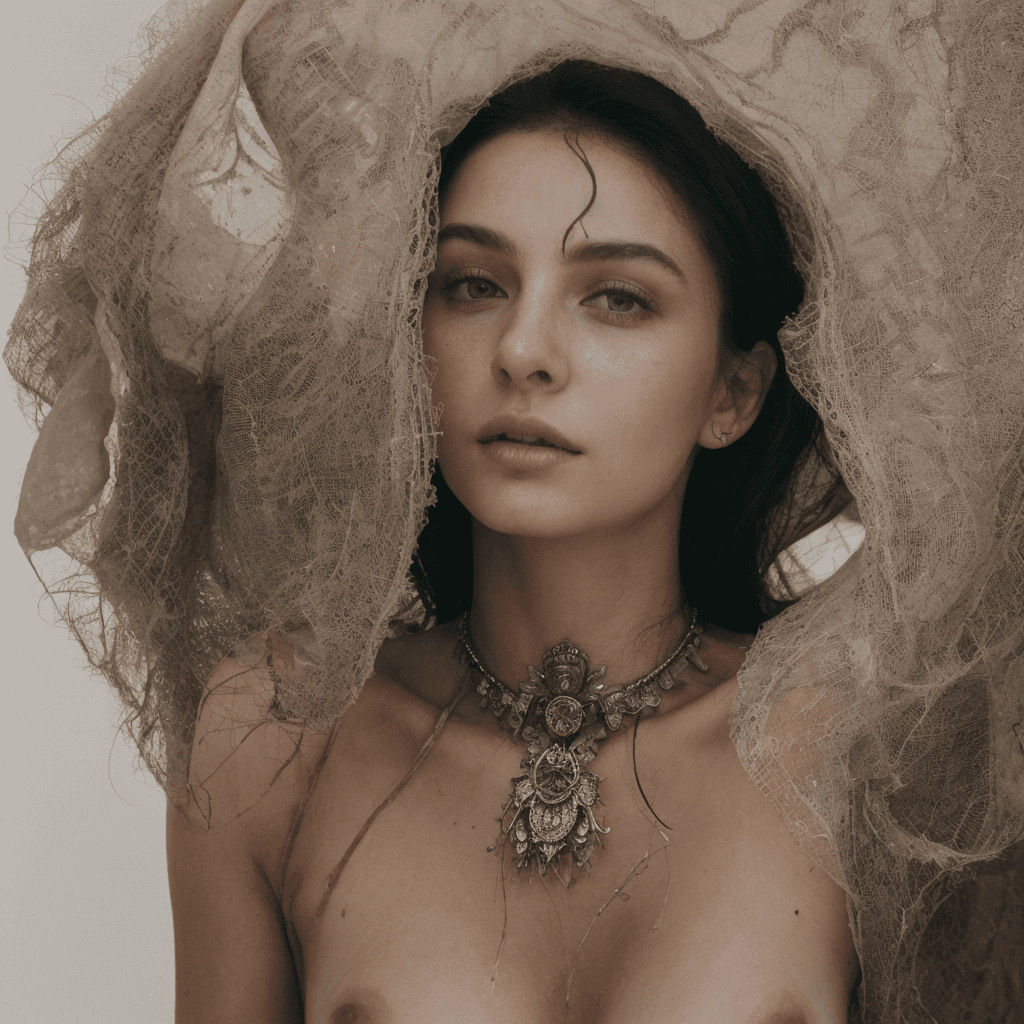 AI generated: A woman with raven black hair, covered in dirt, wearing rags, in a wasteland Hillmen, Dunlending (na...