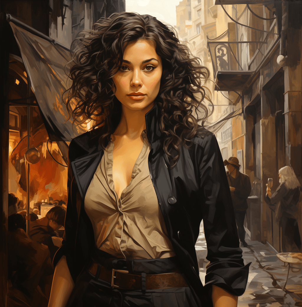 AI generated: a woman with curly brown hair is standing on a busy street in an alley, in the style of texture-rich...