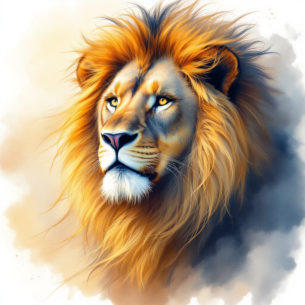 AI generated: A majestic lion in a watercolor painting style, with soft pastel lighting, featuring golden mane flo...