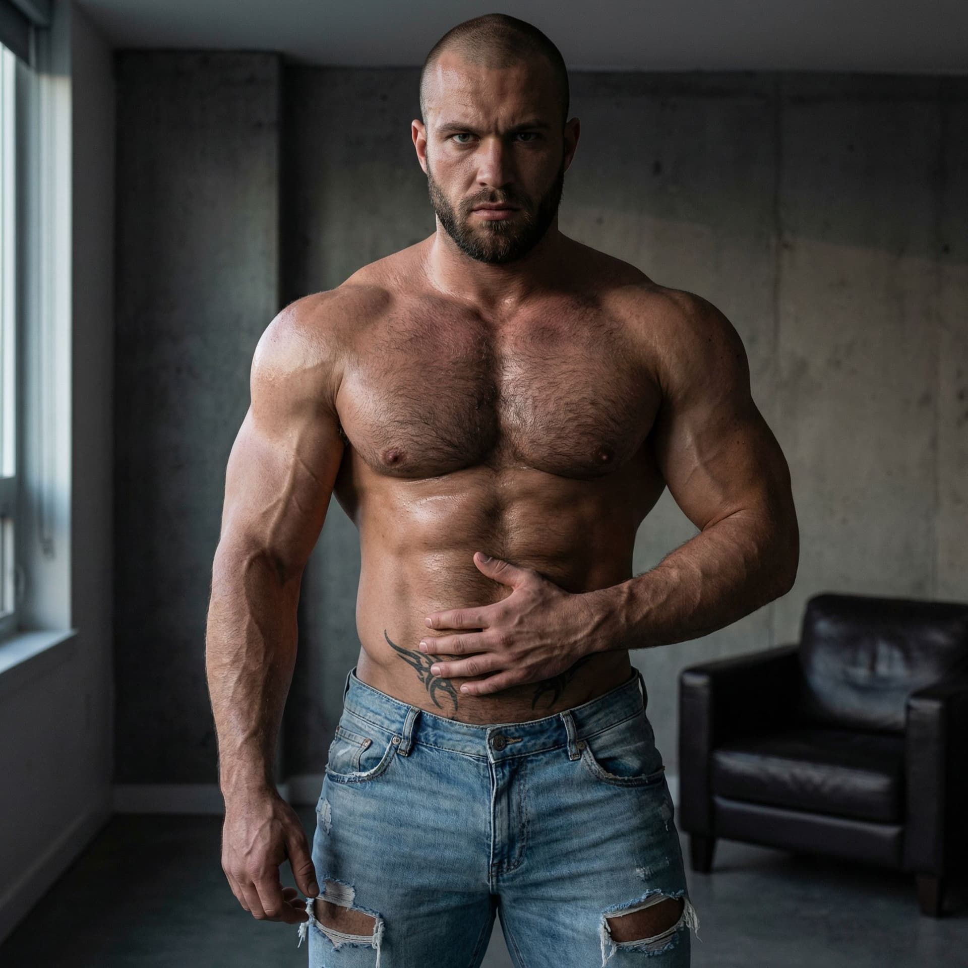 AI generated: Un homme musclé et massif, style bodybuilder ou powerlifter, la vingtaine avancée ou trentaine jeune...