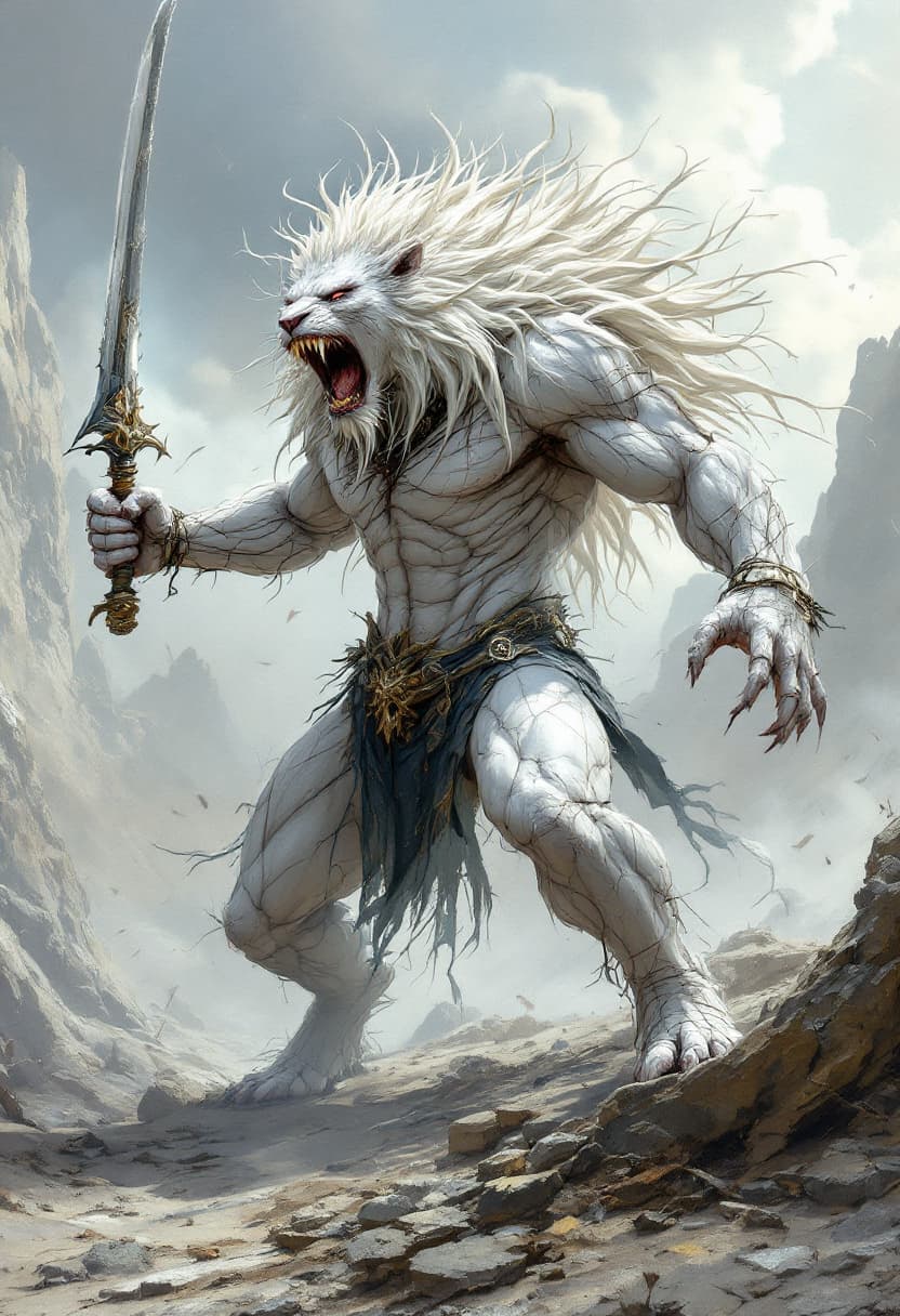 AI generated: Full body, albino lion with white skin all over, human body, strong bodybuilder, muscular, strong, w...