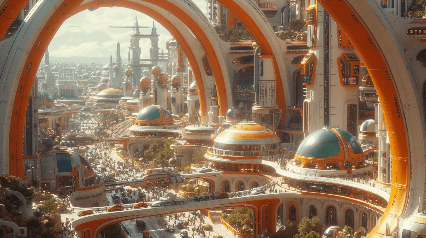 AI generated: a futuristic colony on Mars, a big city build in Arcology style, Busy traffic of futuristic ground a...