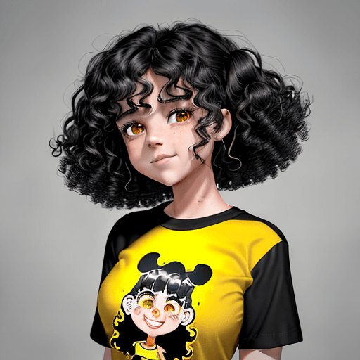 AI generated: a girl with curly hair, black hair, black eyes, happy,  and yellow shirt, shirt with tex "GABY", wov...