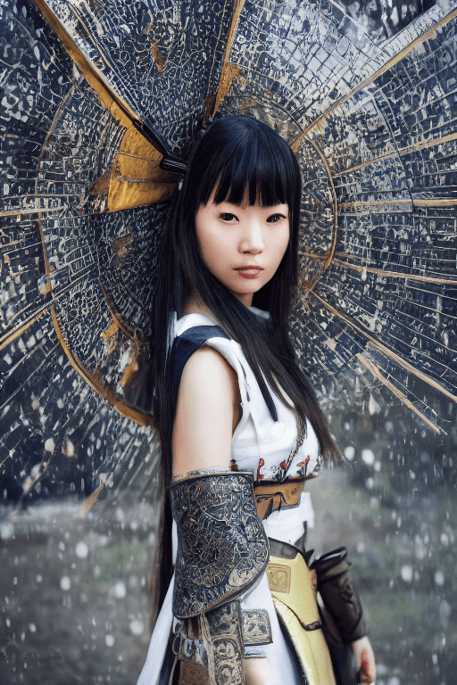 AI generated: (Asian girl wearing intricate samurai armor:1.5), dark rainy city, (dynamic pose, action scene), (lu...