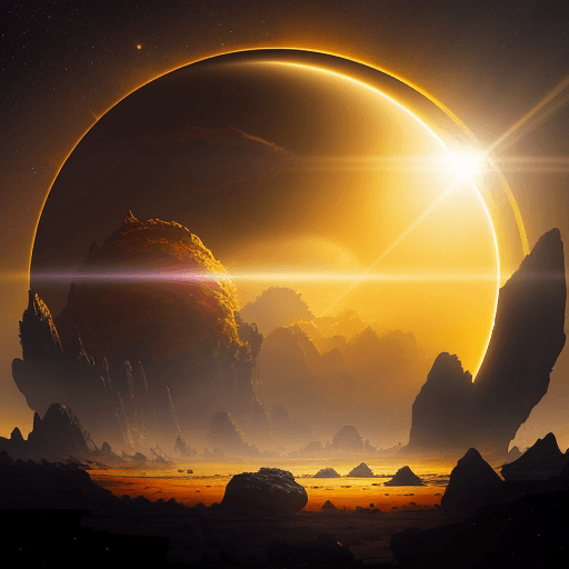 AI generated: **A bright sun with a yellow circular corona, on the horizon of a rocky planet, in the style of John...