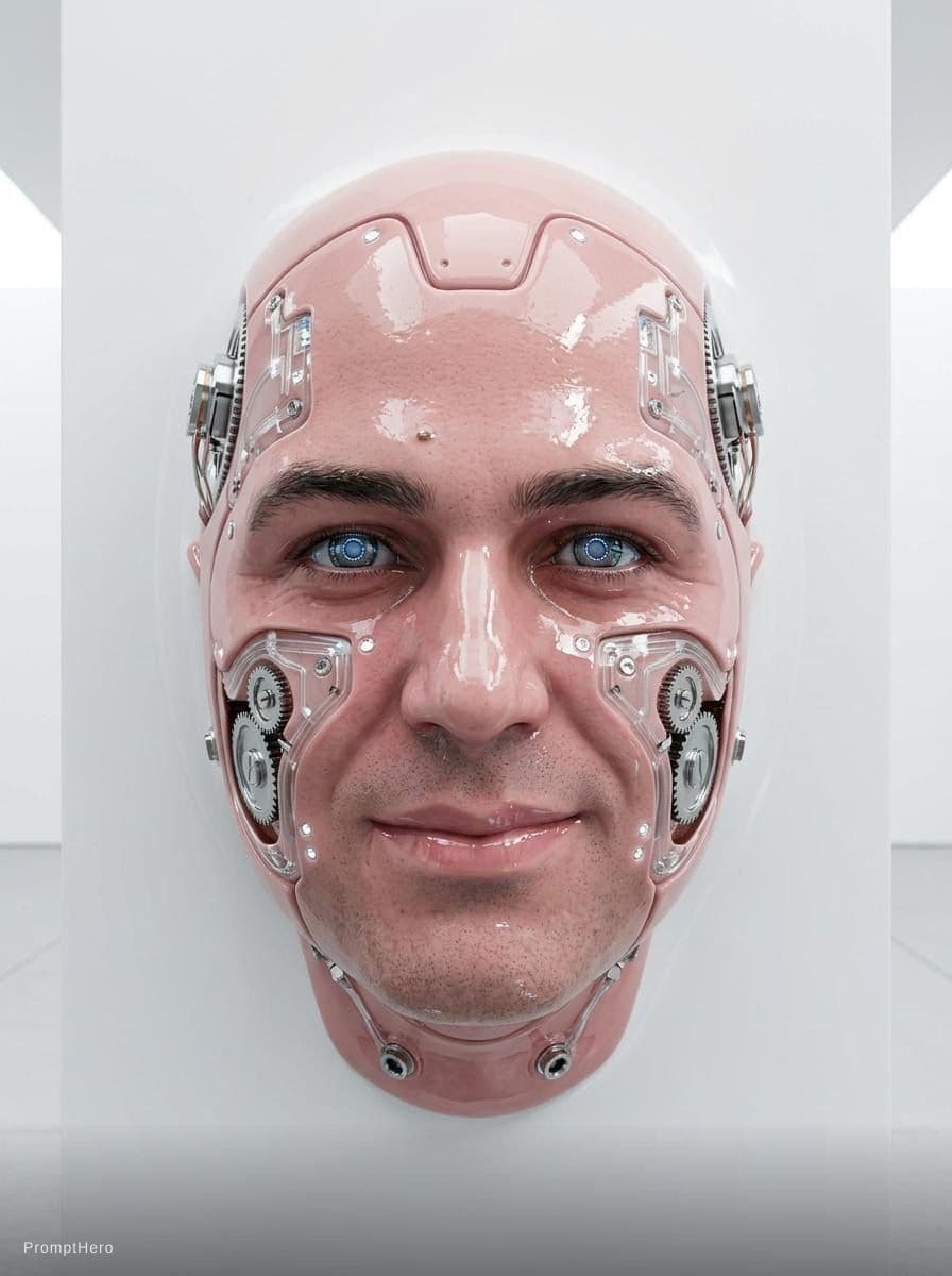 AI generated: Man bionic ceramic glossy pink face sculpture, pushed out of the background, front view, brightly li...