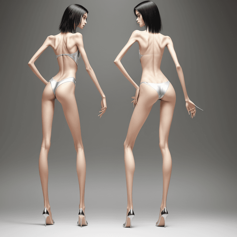 AI generated: photo of two an extremely skinny, flat-chested models with extreme long and skinny legs with extreme...