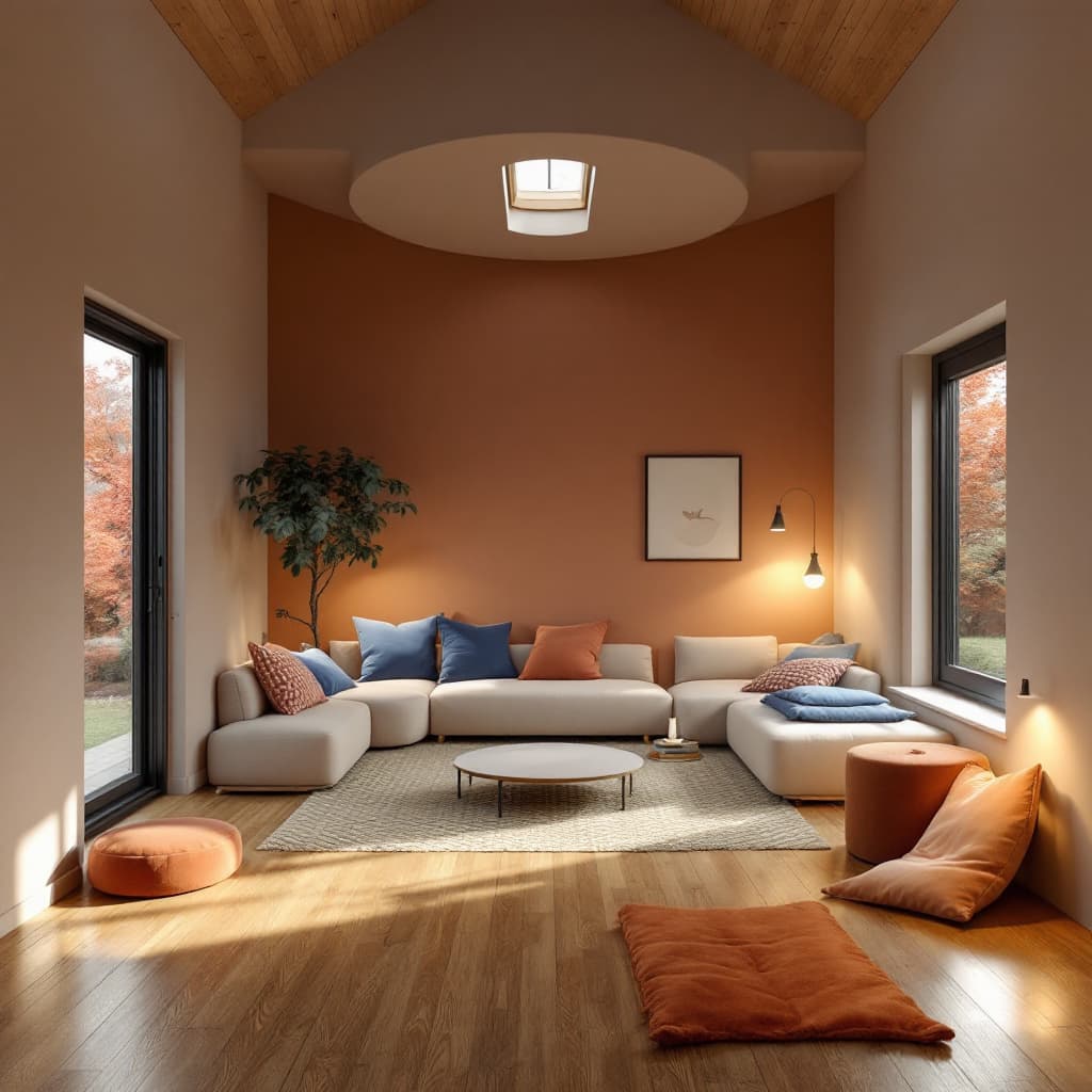 AI generated: High resolution photography interior design, dreamy sunken living room conversation pit, wooden floo...