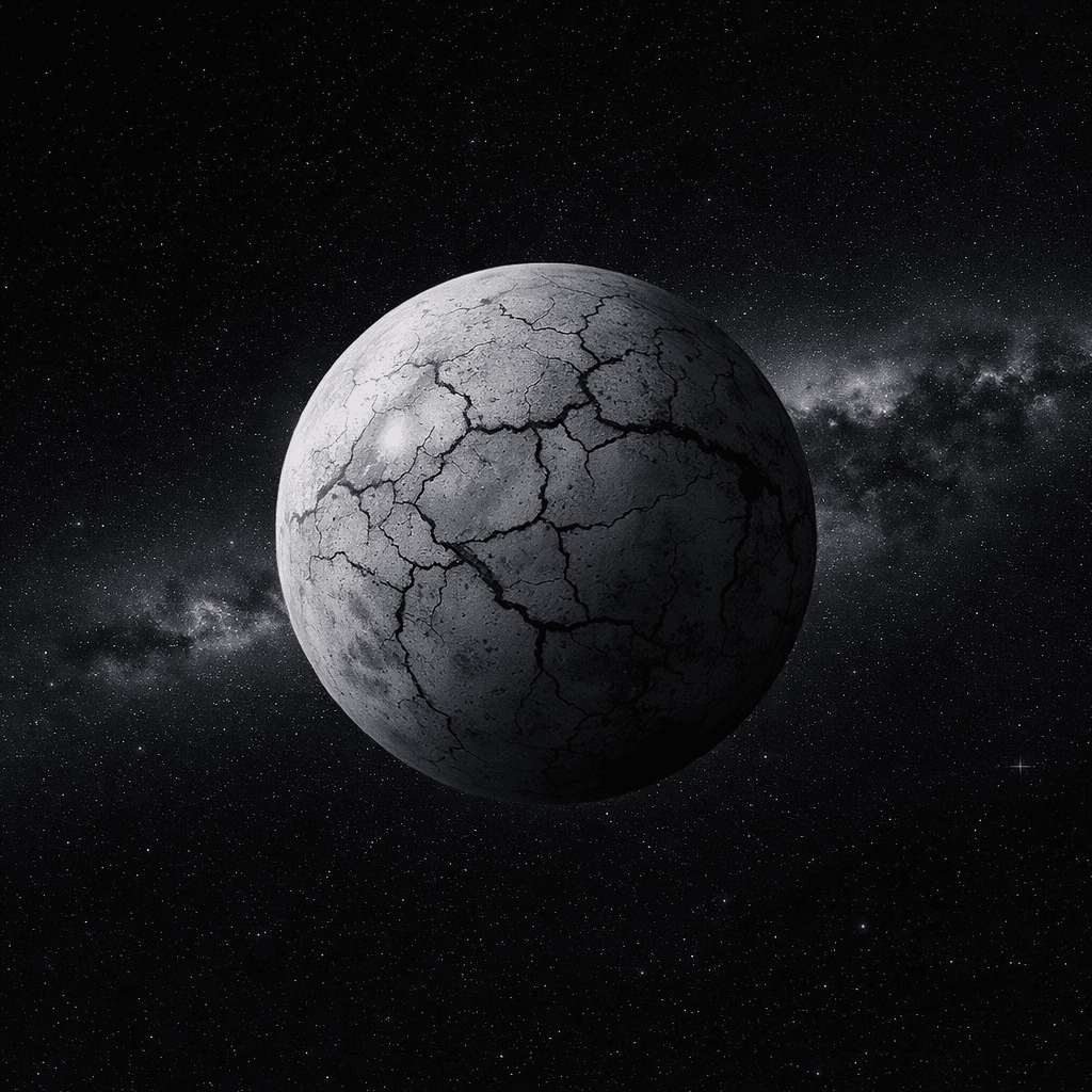 AI generated: A light grey with dark grey patches planet with cracks littering its surface that gives the feeling ...