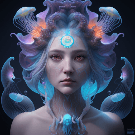 AI generated: Goddess close-up portrait ribcagel. jellyfish phoenix head, nautilus, orchid, skull, betta fish, bio...