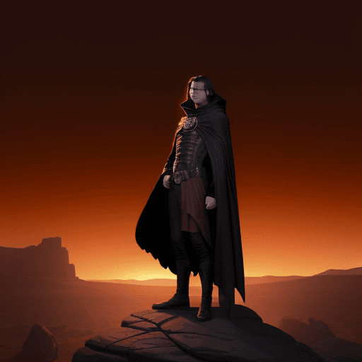AI generated: A man in a dark cloak standing on rocky terrain, looking at the horizon with an eclipse and desert l...