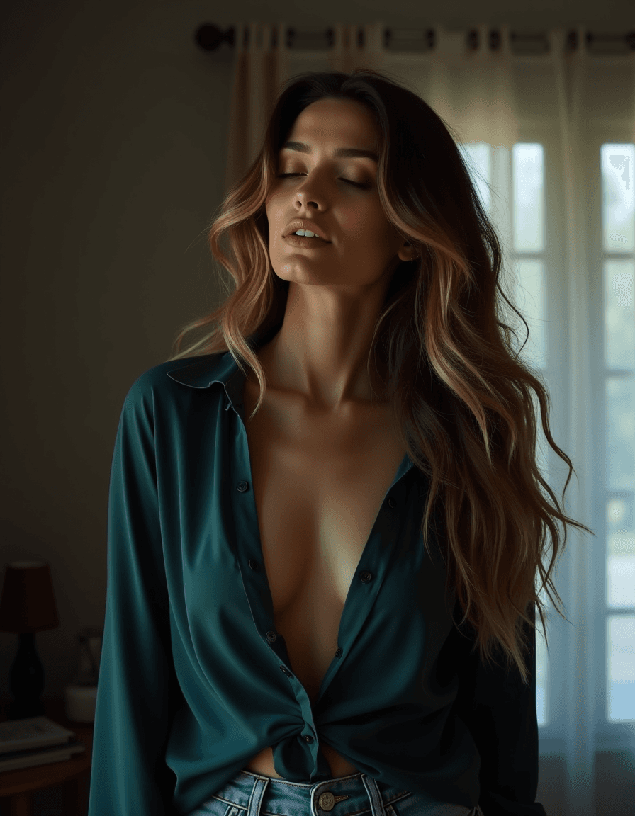 AI generated: photograph of a breathtaking woman, long wavy tousled brunette hair with blonde highlights, gorgeous...