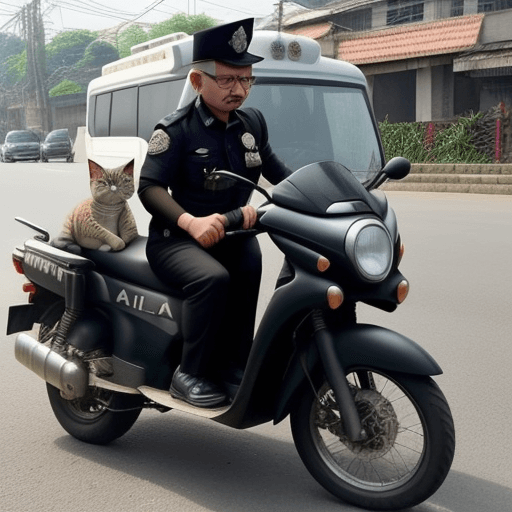 AI generated: gambar realistis kucing berwarna putih mengenakan saragam polisi memakai kaca mata hitam naik mobil ...