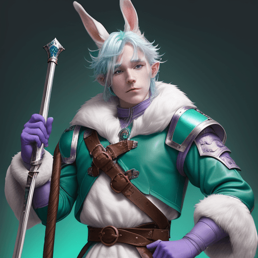 AI generated: male d&d harengon, male dnd rabbitfolk:: white fur with light blue tipped ears, bright blue shoulder...