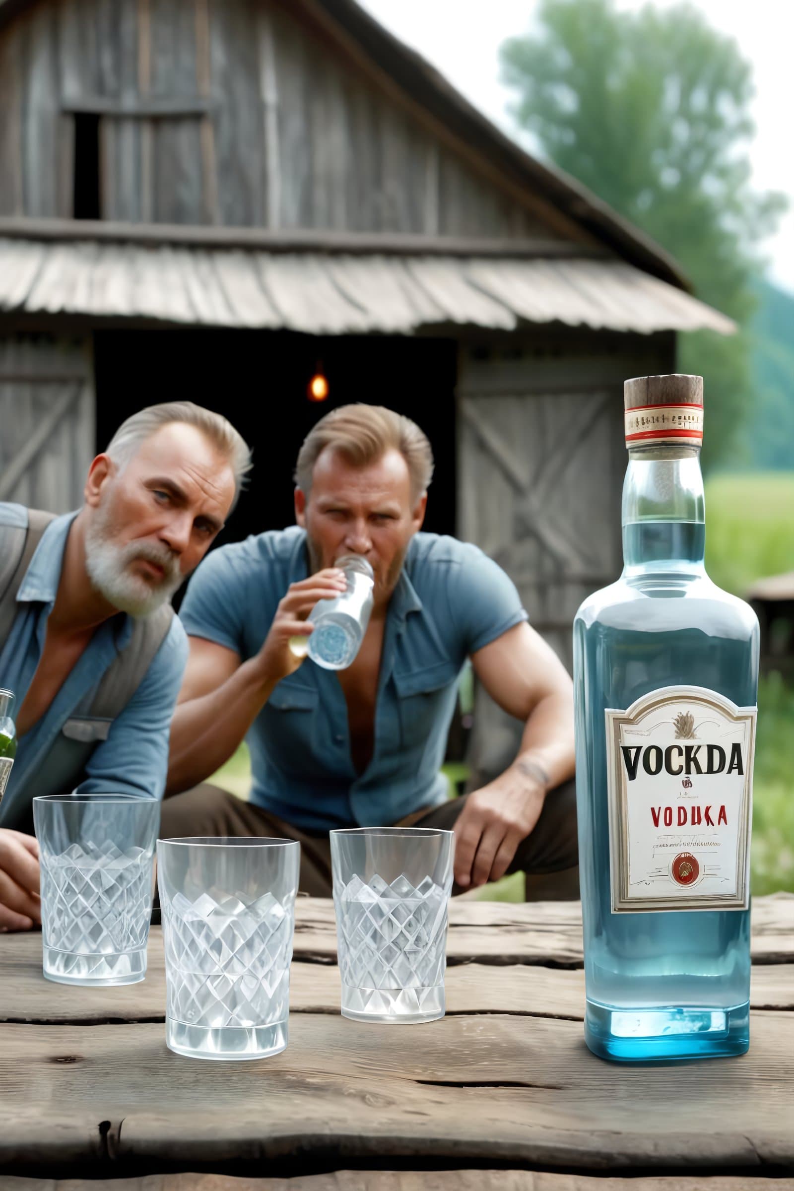 AI generated: (couple of drunk Russian men drinking vodka:1.3), (old wooden table with empty bottles:1.3), (villag...