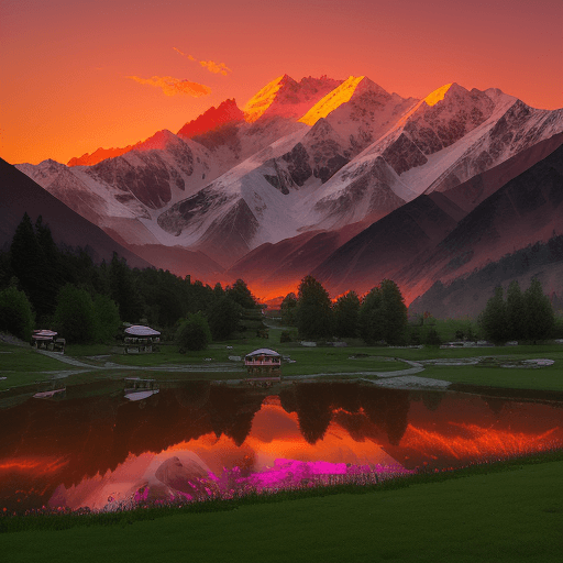 AI generated: A stunning sunset over Fairy Meadows, with vibrant orange and pink hues illuminating the sky, castin...