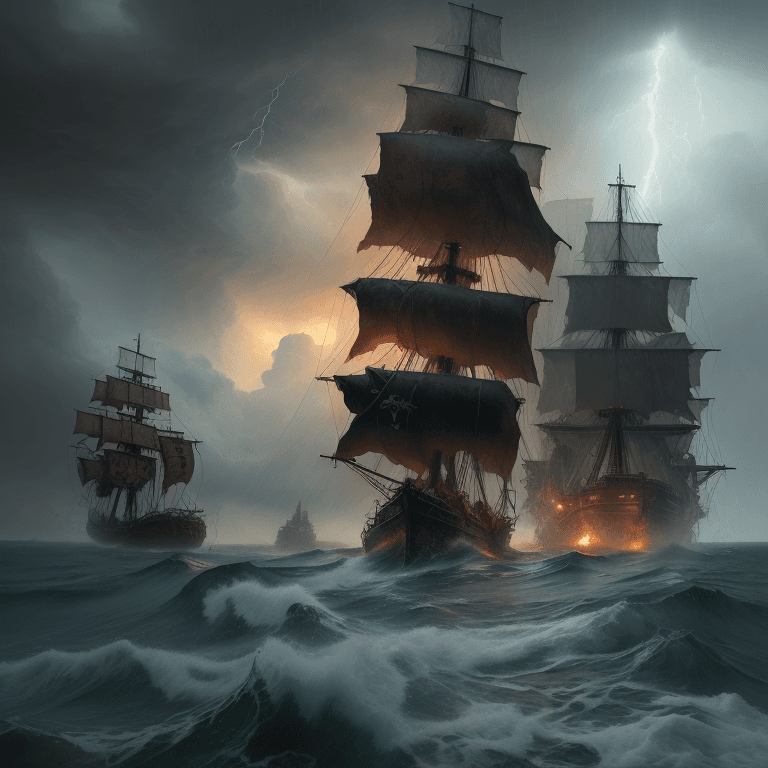 AI generated: oil painting with heavy impasto of a pirate ship after a sea battle, turbulent sea, thunderstorm, ra...