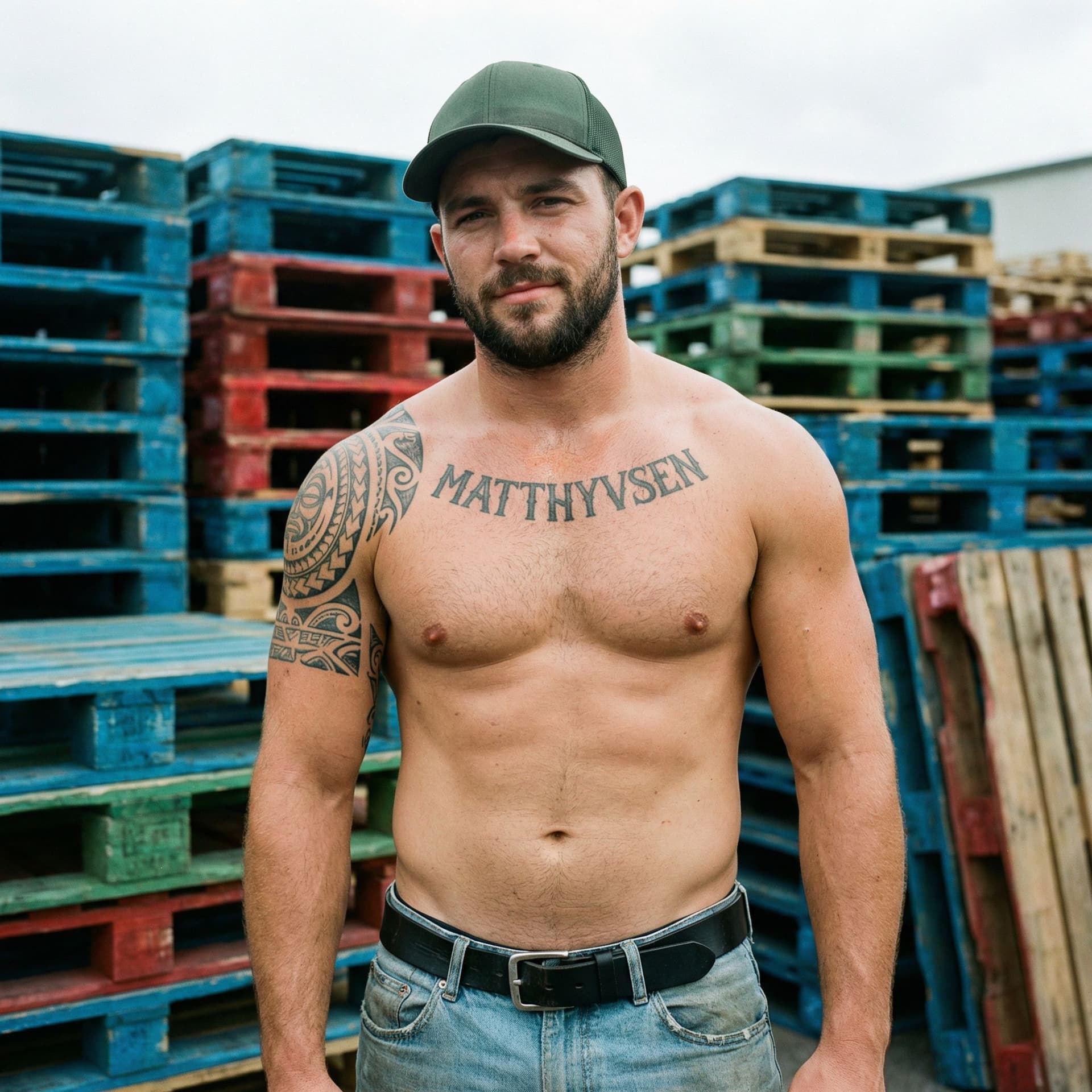 AI generated: Raw candid photograph, unposed natural shot of a rugged 28-year-old white man, very muscular but rea...