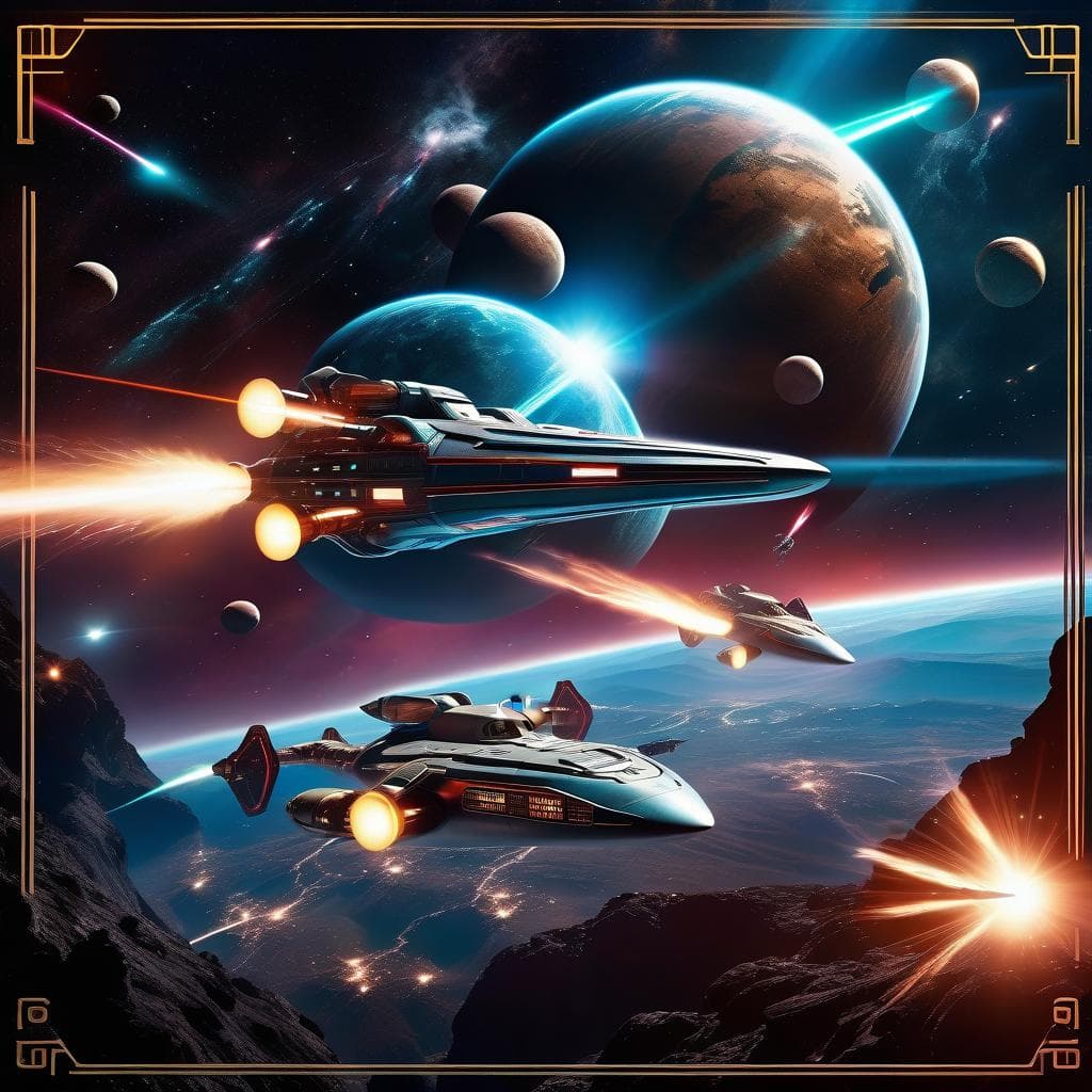 AI generated: 1950s retro sci-fi art, a dark sci-fi fantasy scene, space battle between 2 rocketships encircled in...