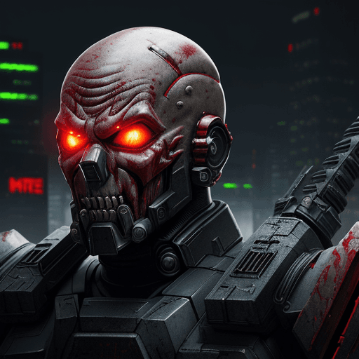 AI generated: ultra-wide photo red sci-fi armor with cyber helmet, horrible face, horror style, sneering smile, sh...