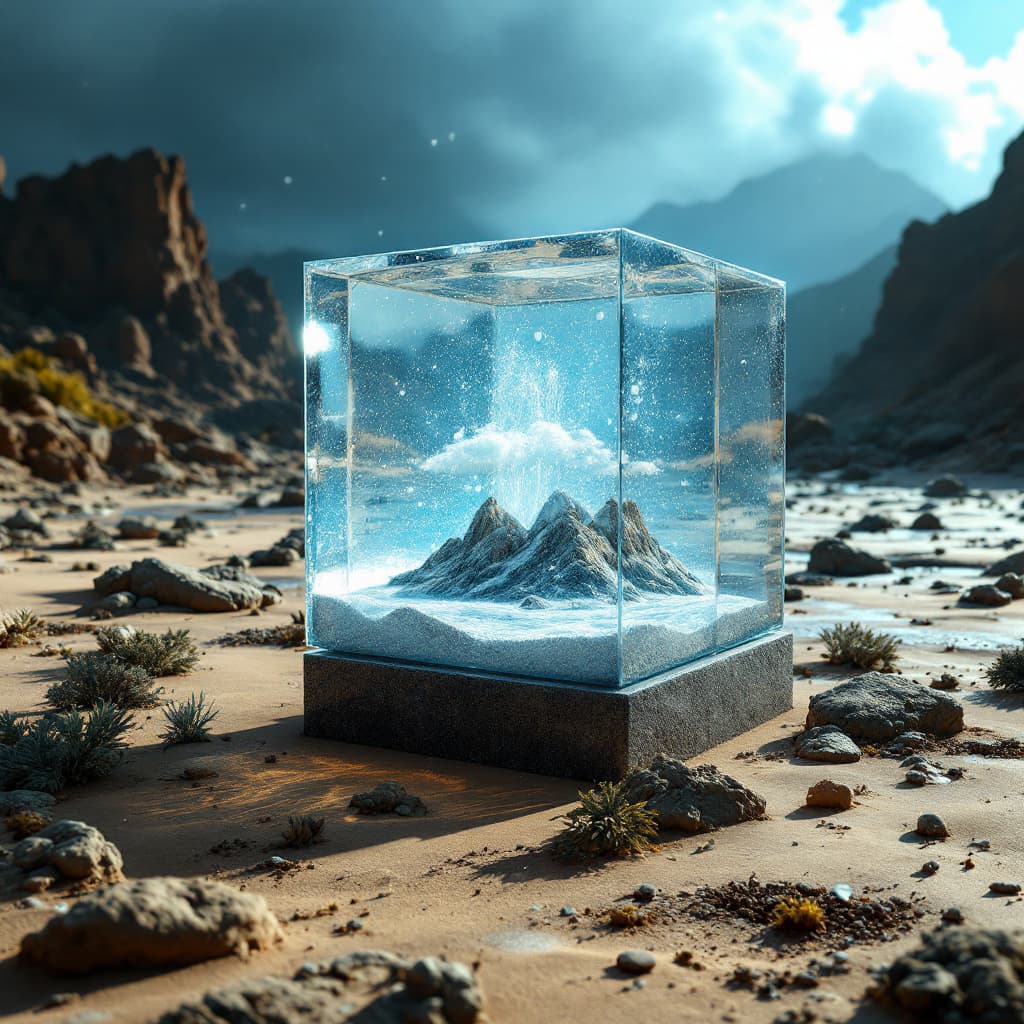 AI generated: snow globe shaped like a cube , on the desert floor, there is a monsoon inside