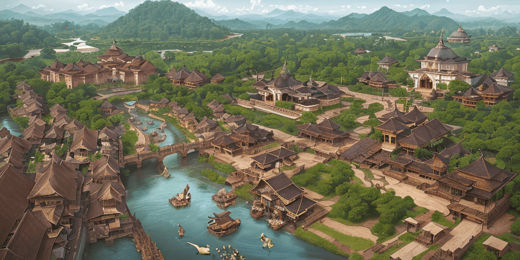 AI generated: Old Kingdom of Malaya, Malay Sultanate Palace and Cities with people and citizen gather around, With...