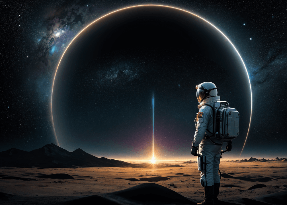 AI generated: Realistic photo of an astronaut wearing a helmet, Walking on 'magical colorful neon (soil:1.1)' surr...