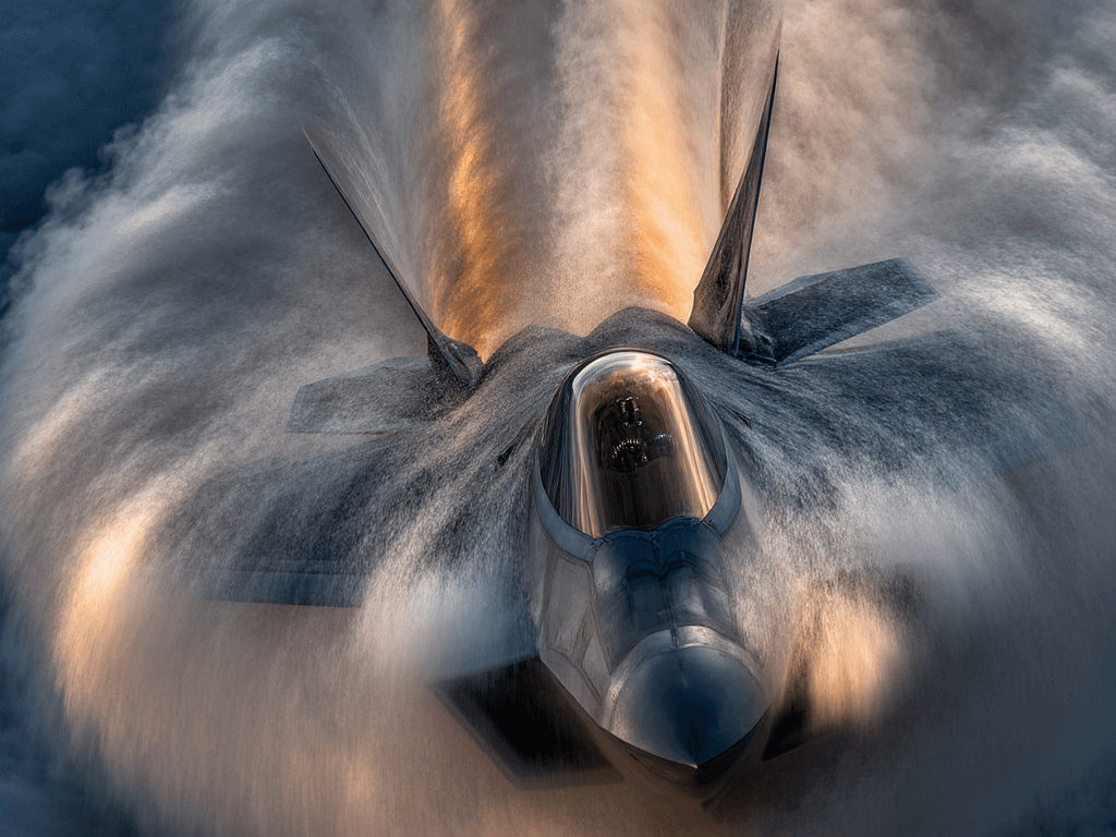 AI generated: An F-22 Raptor in a high angle-of-attack maneuver, captured in a powerful close-up. Vapor swirls den...
