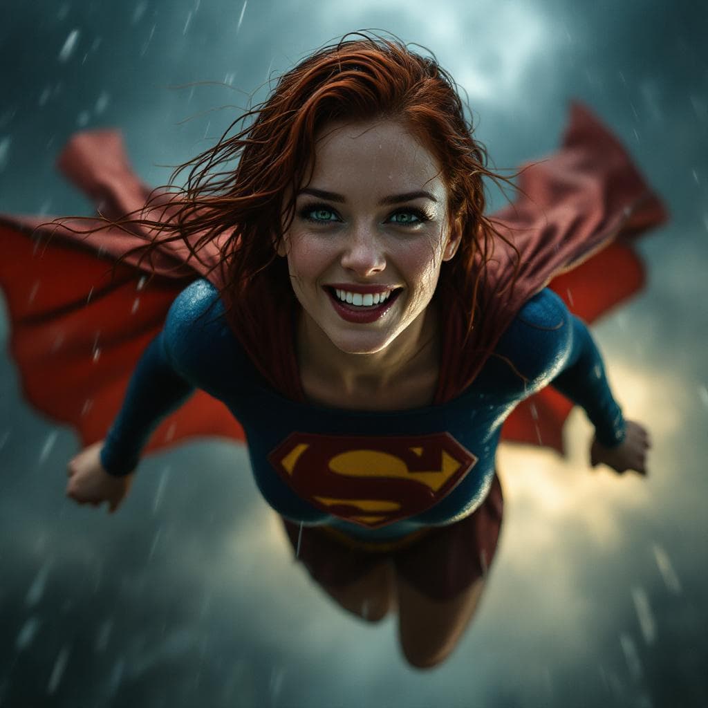 AI generated: Laura lynn flying through heavy rain, realistic lighting and atmosphere, wet hair clinging to her fa...