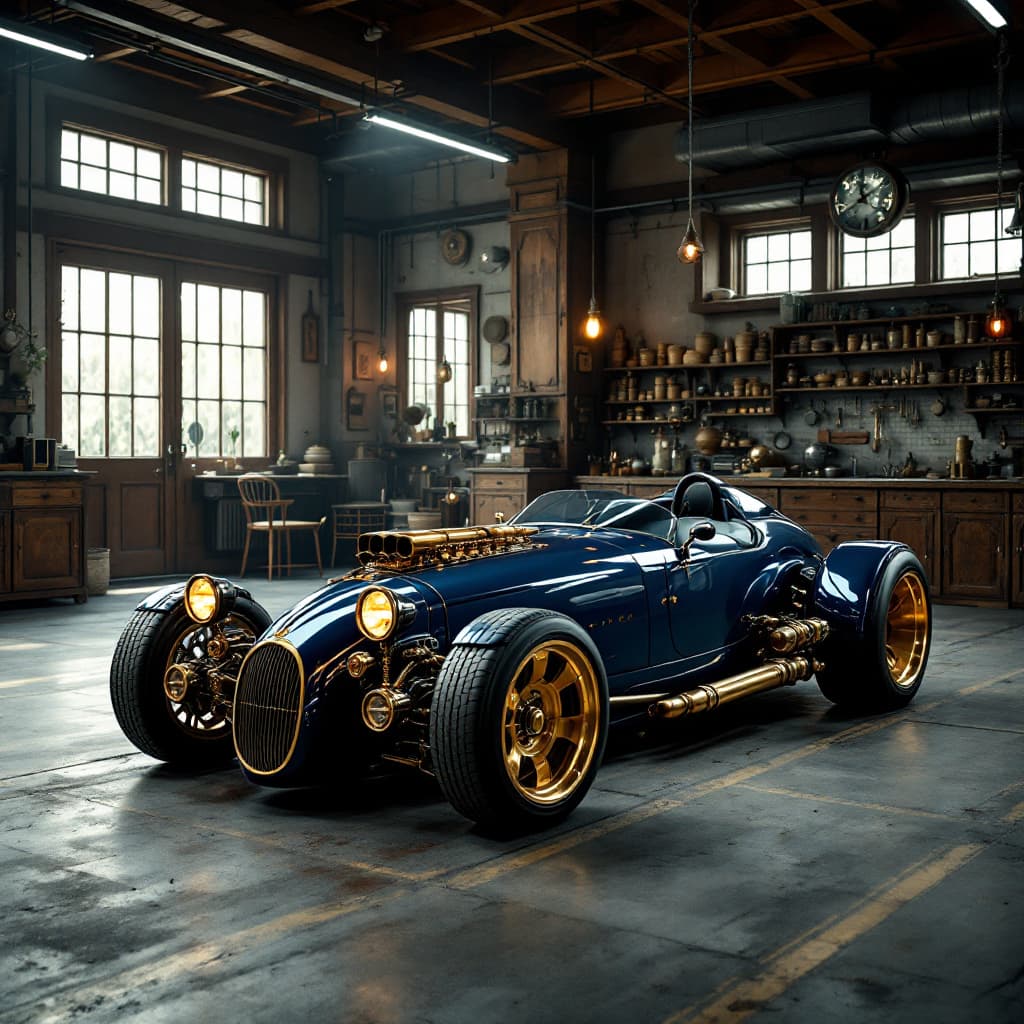 AI generated: A sleek, dark-blue, vintage-style sports car is parked in a spacious, well-lit garage. The car's des...