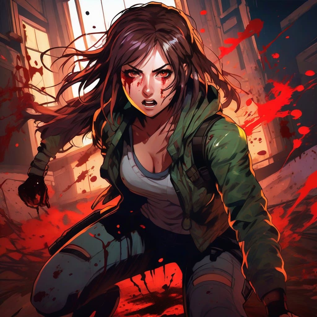 AI generated: Action comic figure, long messy brown hair, with a stern and determined expression on her face, wear...