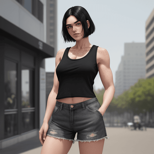 AI generated: black hair , black tank top, lifting shirt up,  shorts, standing in public, (highly detailed clothes...