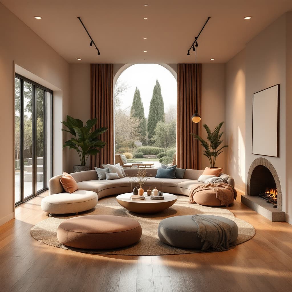 AI generated: High resolution photography interior design, dreamy sunken living room conversation pit, wooden floo...