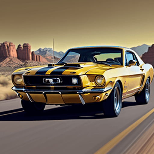 AI generated:  In the golden hues of a setting sun, a yellow Ford Mustang 1965 roars down the open road. Behind th...