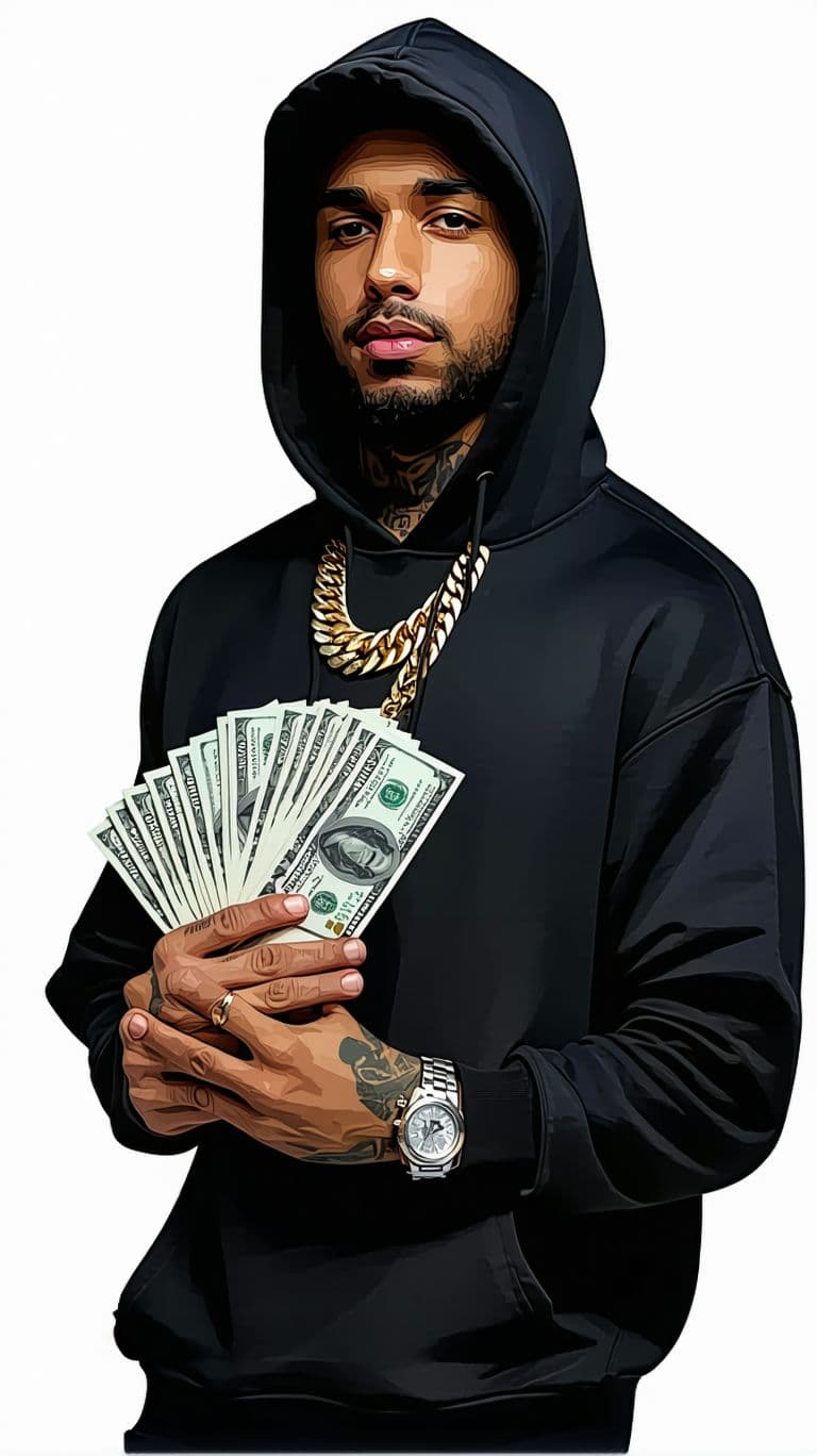 AI generated: arafed man in a black hoodie holding a bunch of money, gta art, style of gta v artworks, paid artwor...