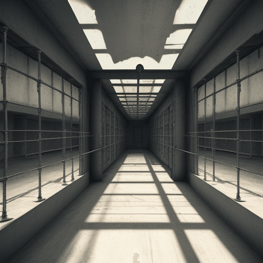 AI generated:  a pov photo of interior of a prison, future, iron bars, 8k hd, upscaled