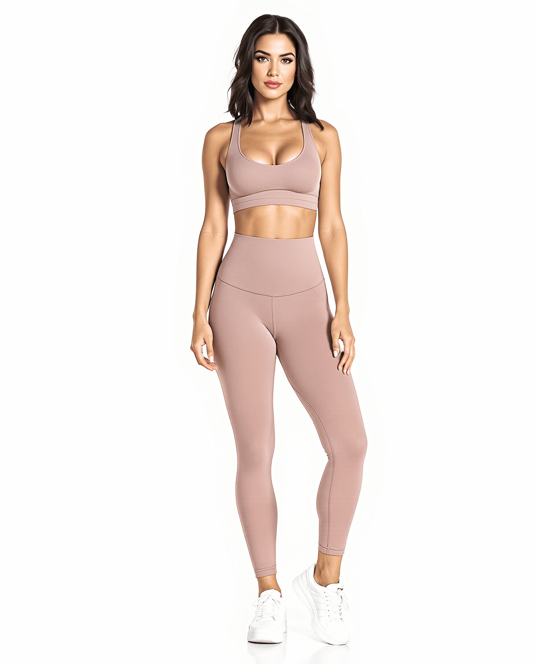 AI generated: A full-body image of a stunning British woman with symmetrical features and dark brown, shoulder-len...