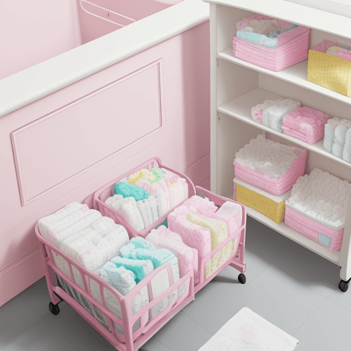 AI generated: high quality, disposable diaper, changing table, plastic surface, pink yellow pattern, stack of diap...