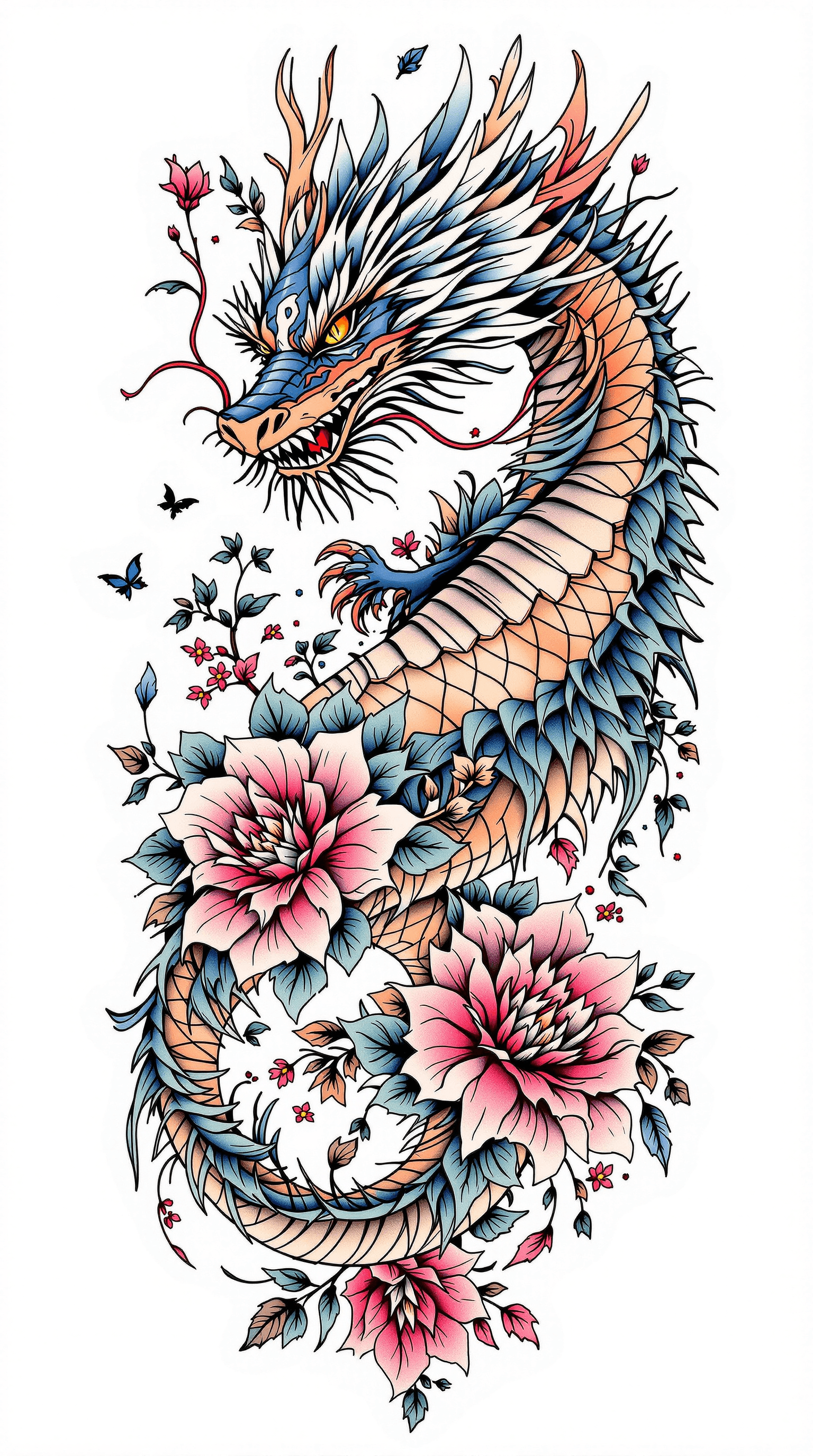 AI generated: doble tatooed template (mirrored) colored dragon with flowers template to be place on a womens front...