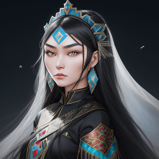 AI generated: kazakh beauty girl. black long hair. traditional clothes. line eyes. Turkish style. reflection flowe...