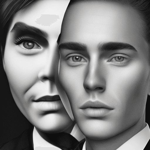AI generated: 
black and white, faces all ver the picture starring at you, they looks normal in suits but face are...