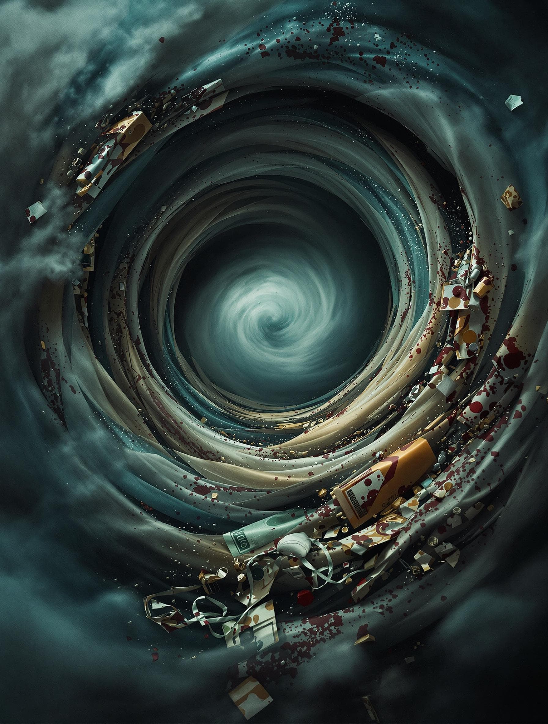 AI generated: Air vortex made of dark storm clouds, such as tornado, view from above to the eye of the cyclone, co...