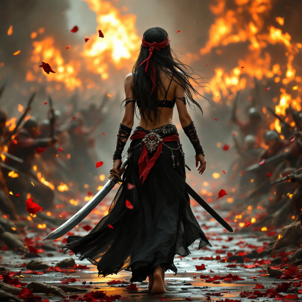 AI generated: Full body view of a woman, long black hair, red bandana, black jeweled bra, black long jeweled skirt...