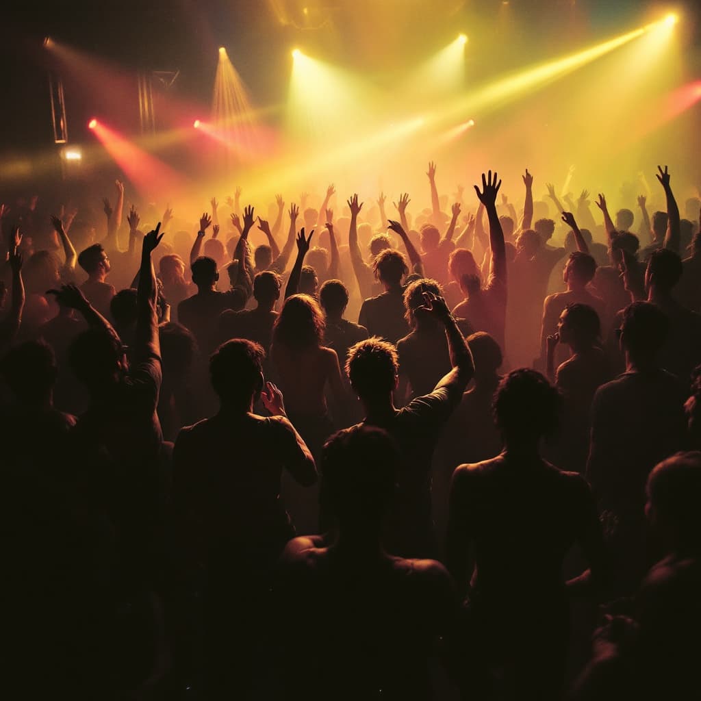 AI generated: Techno create an image of a party, where everyone is dancing to techno music having a good time bein...