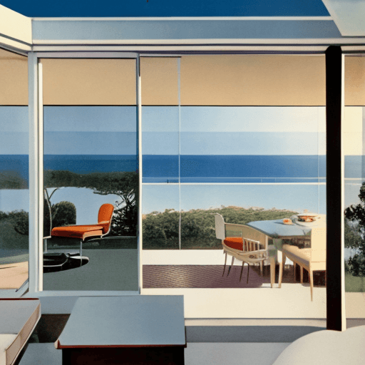 AI generated: Hyper realistic eye level exterior photo of a mid century modern style house overlooking the ocean, ...