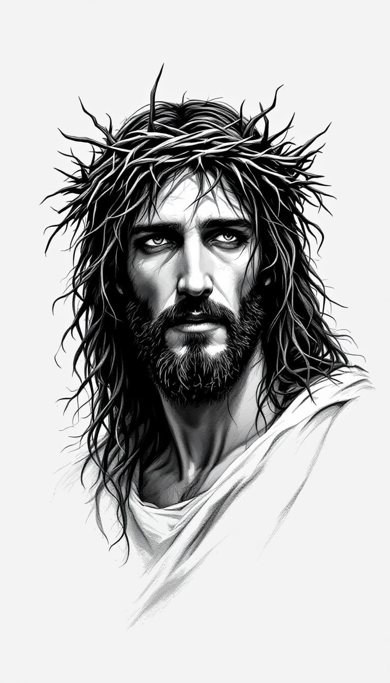 AI generated: black and white drawing of a jesus christ with crown of thorn,  looking forward, white background, h...