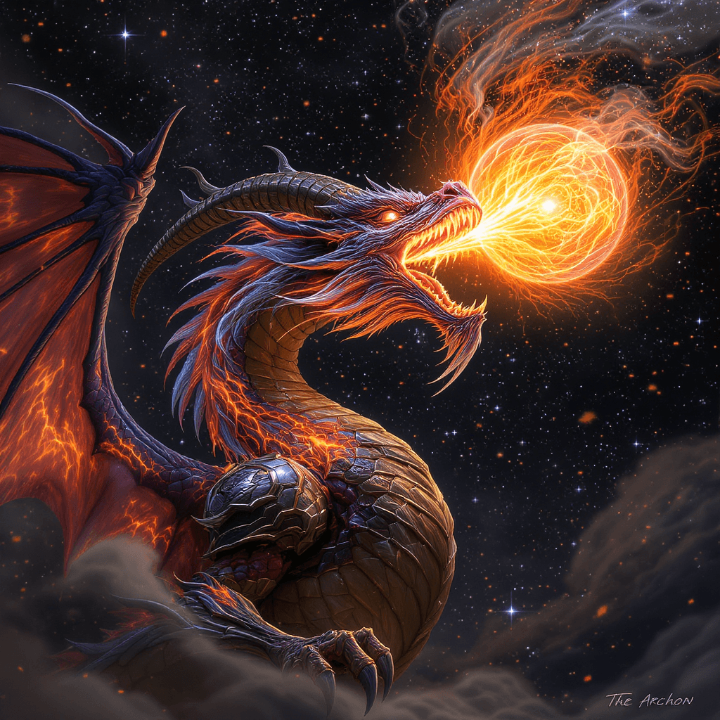 AI generated: In a realistic form, a fire and water dragon mixed with goat horns, wearing vibranium dragon scaled ...