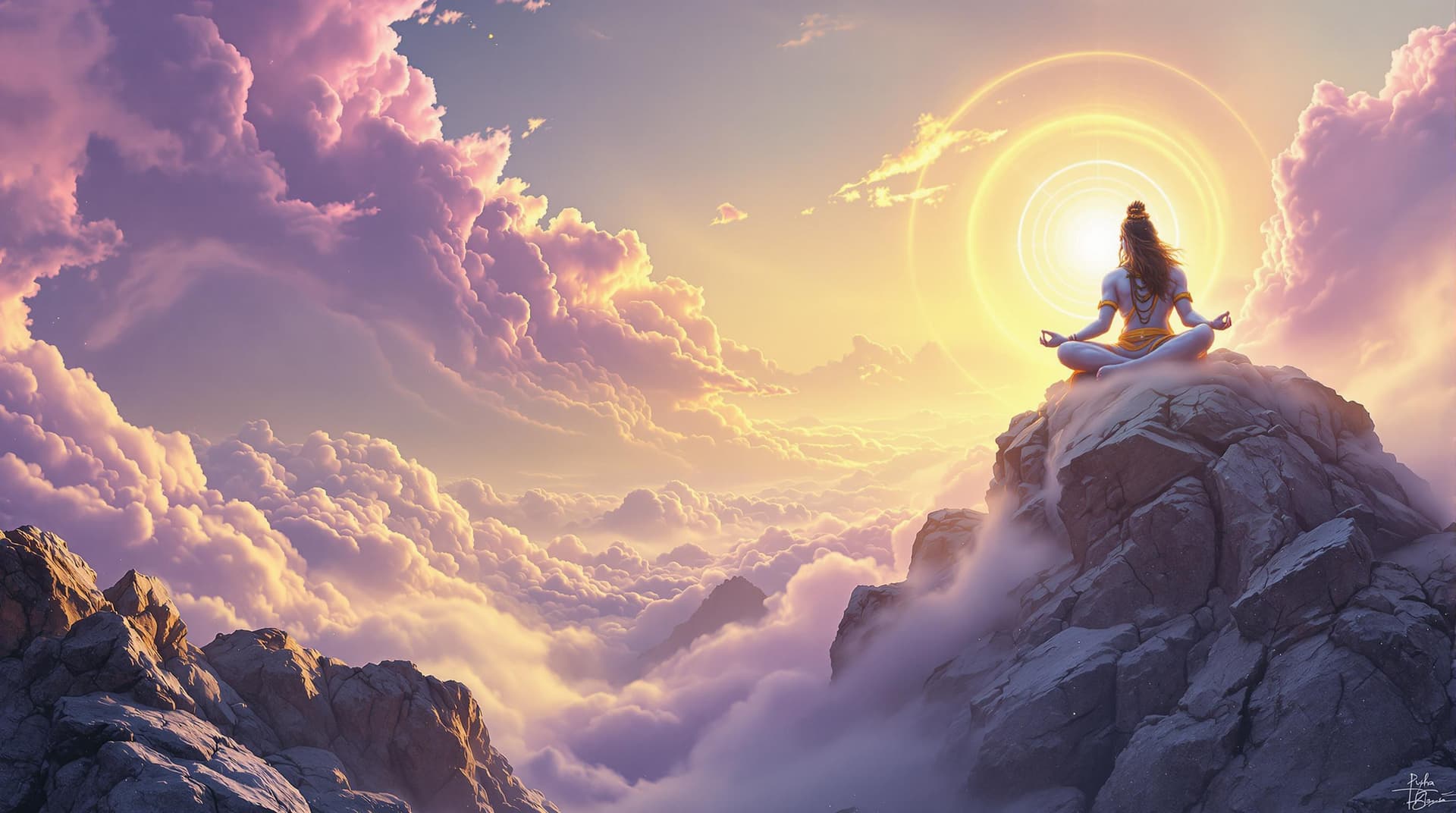 AI generated: Create a surreal landscape where Lord Shiva is meditating on a rocky peak, surrounded by swirling la...